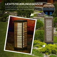 Outsunny Außenleuchte, Gartenlampe, Solarbetrieb, 8h Leuchtdauer, Einschaltautomatik, Rattanoptik, 15,5 x 15,5 x 46 cm(m-6)