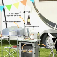 Outsunny Mueble de Cocina para Camping Plegable con Mesas Estantes y Bolsa de Transporte 144x48x119 cm Plata y Gris Claro(m-5)