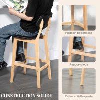 HOMCOM Lot de 2 tabourets de bar, chaises hautes, revêtement synthétique avec dossier et pieds en bois, noir(m-6)