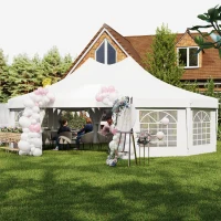 Outsunny 10 Sides Decagonal Garden Gazebo Marquee Party Tent Wedding Canopy Outdoor Heavy Duty Metal Frame (8.9m x 6.5m) - White(m-8)