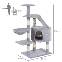 PawHut Torre para Gatos 55x40x125 cm con Postes Escalera Cueva Espaciosa Hamaca y Varias Plataformas Gris(m-3)