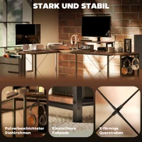 HOMCOM Biurko Narożne L, Wszechstronny Stół Biurowy z Regulowanymi Półkami i Torbą do Przechowywania, Podstawka pod Monitor, Brąz(m-7)