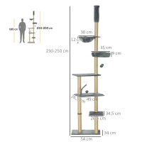 PawHut Árbol para Gatos de Suelo a Techo de 230-250 cm con Altura Ajustable Múltiples Plataformas Cestos Hamaca Bolas Gris(m-3)