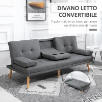 HOMCOM Divano Letto 3 Posti Reclinabile con 2 Braccioli Staccabili, in Tessuto Effetto Lino e Legno di Pioppo, 181x77x78 cm(m-4)