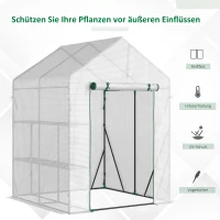 Outsunny Foliengewächshaus begehbares Gewächshaus mit 4 Regalebenen Tomatengewächshaus Treibhaus Frühbeet mit Reißverschlusstüren Weiß Stahl PE-Kunststoff 143 x 143 x 195 cm(m-4)