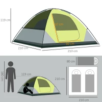 Outsunny Tente de camping 3 personnes tente dôme étanche légère ventilée portes zippées poche de rangement sac de transport inclus fibre verre polyester tissu Oxford 210L x 210l x 119H cm vert et gris(m-3)
