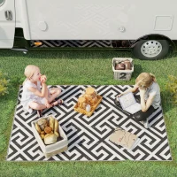 Outsunny Outdoor Rug Reversible Mat Plastic Straw Rug Portable RV Camping Mat for Garden Deck Picnic Indoor, 121 x 182 cm (4 x 6 ft), Black & White(m-2)