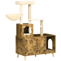 PawHut Cat Litter Box Enclosure, with Tree Tower, Cat House, Hammock, Cushion - Rustic Brown(m-11)