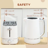 HOMCOM Kettle and Toaster Set, 1.7L 3000W Fast Boil Kettle & 2 Slice Toaster Kitchen Set with 6 Level Browning Controls, Defrost, Reheat, White(m-7)