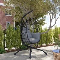 Outsunny Buitenhangstoel met inklapbare korfzitting en dikke kussens, standaard, hoofdsteun, bekerhouder, Zwart(m-8)