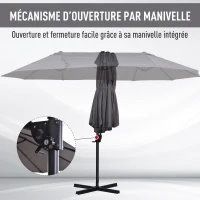 Outsunny Parasol déporté grande taille XXL inclinable avec pied en croix dim. 4,45L x 2,7l x 2,6H m piètement en métal inclus polyester gris(m-6)