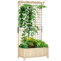 Outsunny Raised Bed with Drainage Holes, Wood Planter with Trellis for Climbing Plants to Grow Vegetables, Flowers, Natural(m-1)