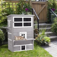 PawHut Caseta para Gatos de Madera Exterior Casa Grande para Gatos de 3 Pisos con Múltiples Entradas Ventanas y 2 Plataformas para Terraza Balcón Jardín 93,5x67x117 cm Gris(m-2)