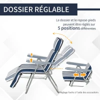 Outsunny Lot de 2 Chaise Longue Bain de Soleil Adjustable Pliable avec coussin transat lit de Jardin en Acier Bleu + Blanc(m-4)