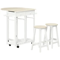 HOMCOM Carrito de Cocina de Madera con 2 Taburetes Mesa con Ruedas Ala Abatible Cajones y Estante 87x74x86 cm Blanco(m-1)