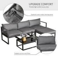 Outsunny 5 Pieces Outdoor Patio Furniture Set, Sofa Couch with Glass Coffee Table, Cushioned Chairs and Aluminum Tube, for Balcony Garden Backyard, Grey(m-6)