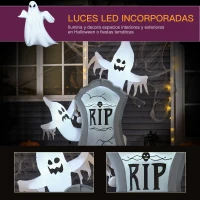 HOMCOM Fantasmas Inflables para Halloween con Luces LED Decoración Hinchable de Halloween para Interiores Exteriores Fiestas 110x38x154 cm Blanco y Gris(m-4)