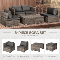 Outsunny 8 Pieces Rattan Garden Furniture Set, Garden Corner Sofa Set with 4 Chairs, 2 Footstools, 2 Coffee Tables and Cushions, Space-Saving Design, No Assembly Required, Grey(m-4)