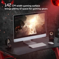 HOMCOM 142 x 66 cm Gaming Desk, Carbon Fibre Covered Computer Desk, Gamer Workstation with Headphone Hook, Cup Holder and Gamepad Storage Rack, Black and Red(m-4)