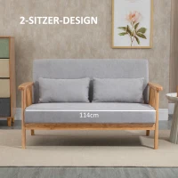 HOMCOM Sofa Relaxsofa 2-Sitzersofa, inkl. 2 Kissen, Samtoptik, Kautschukholz,  130 cm x 75 cm x 78 cm, Grau + Natur(m-6)