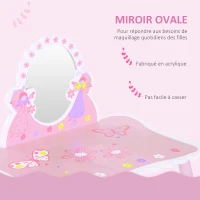 HOMCOM Coiffeuse Enfant - Tabouret Inclus - Table de Maquillage dim. 59L x 39l x 77H cm - Motifs fées, Papillons, Fleurs - Bois de pin, MDF - Rose Blanc(m-6)