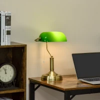 HOMCOM Lámpara de Mesa Tipo Banquero con Interruptor de Cuerda y Pantalla de Cristal Bombilla Requerida E27 de Máx. 40W Metal para Dormitorio Sala de Estar 27,5x17,5x39 cm Verde(m-2)