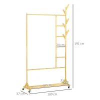 HOMCOM Garderobe aus Bambus, Kleiderhaken, Kleiderstange, Hosenständer, 1 Ablage, 4 Rollen, Natur(m-3)
