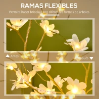 HOMCOM Árbol de Flor de Cerezo con 48 Luces LED IP44 en Blanco Cálido Decoración para Interiores 18x18x120 cm Caqui(m-6)