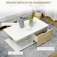 HOMCOM Table basse rectangulaire design contemporain 2 tiroirs 2 niches étagère verre trempé panneaux blanc aspect chêne clair(m-4)