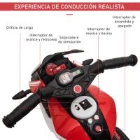 HOMCOM Moto Eléctrica Infantil con 3 Ruedas Trimoto para Niños de +3 Años con Batería 6V Recargable Funciones de Música Bocina Faros 86x42x52 cm Negro y Rojo(m-5)