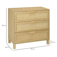 HOMCOM Kommode, Sideboard, Rattandekor, 3 Schubladen, robust, 80x40x80cm, Holzoptik(m-3)