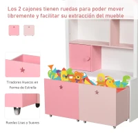 HOMCOM Estantería de Madera Infantil Librería para Niños con 4 Compartimentos 1 Puerta y 2 Cajones Extraíbles con Ruedas para Libros Juguetes 80x34x130 cm Rosa y Blanco(m-5)
