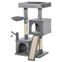 PawHut Cat Tree Tower for Indoor Cats, 111cm Kitten Activity Centre with Scratching Post Pad Hammock Condo Bed Ball Toy, Grey(m-11)
