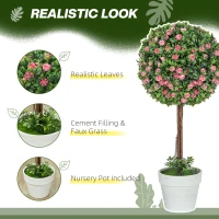 HOMCOM Set of 2 Decorative Artificial Plants, Ball Topiary Tree with Rose Flower in Pot, Fake Plants for Home Indoor Outdoor Decor, 60cm, Pink(m-4)