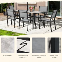 Outsunny 7 Pieces Garden Dining Set, 6 Seater Garden Table and Chairs with Parasol Hole, Outdoor Furniture Armchairs and Stone-like Plastic Top Table with Breathable Mesh Fabric Seat, Grey(m-5)