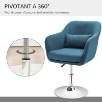 HOMCOM Fauteuil de salon chaise relax fauteuil de chambre grand confort - coussins lombaires hauteur réglable pivotant 360° piètement en métal chromé - bleu canard(m-5)