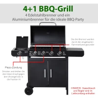 Outsunny Gasgrill 14,4 KW Grillwagen inkl 5 Edelstahl-Brenner Thermometer Kochplatte Flaschenöffner Seitenablagen,BBQ Gartengrill für Balkon 60 x 42 x 103 cm(m-4)