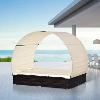 Outsunny Lit de jardin modulable bain de soleil 2 places grand confort pare-soleil amovible matelas tétière crème résine tressée 4 fils chocolat(m-4)