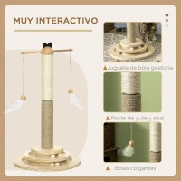 PawHut Árbol Rascador para Gatos de Madera con Poste de Yute y Sisal y Juego de Bolas para Jugar Ø32x56 cm Natural(m-5)