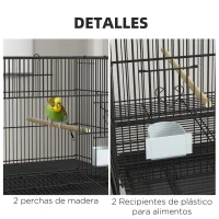 PawHut Jaula para Pájaros con Ruedas 77x46x119 cm Jaula Metálica para Aves con Bandeja Extraíble 2 Perchas 2 Comederos Negro(m-7)