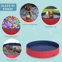 PawHut Hundebadewanne faltbar Badewanne Hundepool Plantschbecken Swimmingpool Wasserbecken für Hunde und Katzen Schwimmbecken Kunststoff+Holz Rot Ø160 x 30H cm(m-4)