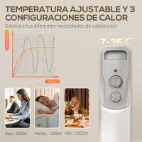 HOMCOM Radiador de Aceite Silencioso 2000W con Ruedas Temperatura Ajustable Protección contra Sobrecalentamiento Blanco(m-4)
