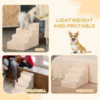 PawHut Four-Step Dog Stairs, with Washable Plush Cover, for High Bed Sofa, Dog Stairs for Small Dog and Cat - Beige(m-7)