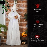 Outsunny 74 Inch Halloween Decorations White Witch Holding Pumpkin Head, Standing Skeleton Ghost Prop Life Size with Light Up Eyes and Body(m-6)