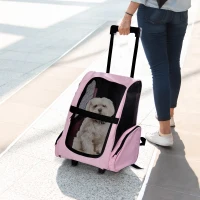 PawHut Trasportino Zaino 2 in 1 per Cani e Gatti con Tasche Laterali, Maniglia Telescopica e Ruote, 42x25x55cm, Rosa(m-2)