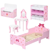 ZONEKIZ 5PCs Kids Bedroom Furniture Set with Bed, Toy Box Bench, Storage Unit, Dressing Table and Stool, Princess Themed, for 3-6 Years Old, Pink(m-11)