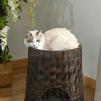PawHut Cesta de Ratán para Gatos Cama Cueva de 2 Niveles con Cojines Lavables Ø45x50 cm Marrón Oscuro(m-8)