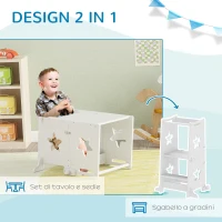 AIYAPLAY Scala Montessori Convertibile in Set Tavolo e Sedie con Barra di Sicurezza, in Legno, 60x44.5x86 cm, Bianco(m-5)