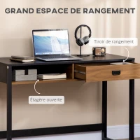 HOMCOM Bureau informatique design industriel grand plateau avec tiroir étagère 110 x 50 x 76 cm aspect noyer et noir(m-5)