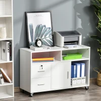 HOMCOM Support d'imprimante organiseur bureau caisson placard + 2 tiroirs + niches + grand plateau panneaux particules blanc(m-2)